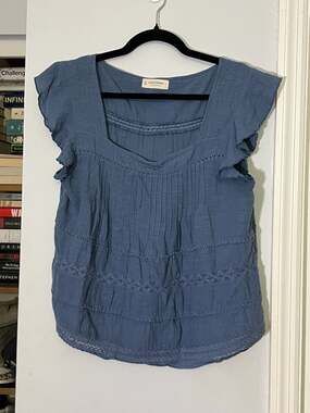 Lucky Brand Blue Cotton Tiered Ruffle Sleeve Top